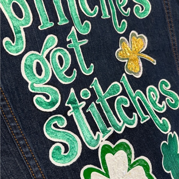 Hand Painted Jean Jacket: “Pinches Get Stitches”, St Patrick’s Day, Ladies XL - Picture 3 of 13